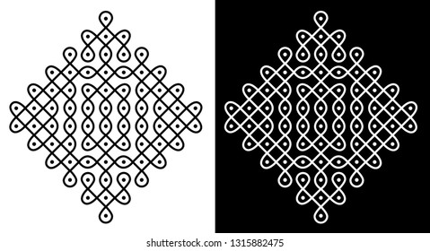 Circles, Squares, Curved lines and 12X12 Dots - Indian Traditional and Cultural Rangoli, Alpona, Kolam or Paisley Vector Line art with dark and White background svg