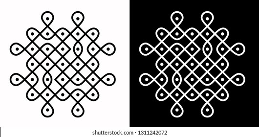 Circles, Squares, Curved Lines and 7X7 Dots - Indian Traditional and Cultural Rangoli, Alpona, Kolam or Paisley Vector Line art with Dark and White Background