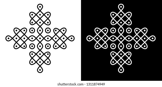 Circles, Squares Curved Lines and 9X9 Dots - Indian Traditional and Cultural Rangoli, Alpona, Kolam or Paisley Vector Line art with Dark and White Background