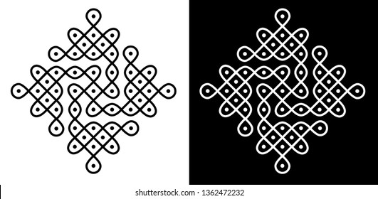 Circles, Squares, Curved lines and 9X9 Dots - Indian Traditional and Cultural Rangoli, Alpona, Kolam or Paislecy vector line art with dark and white background 