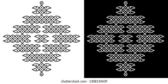 Circles, Squares, Curved Lines and Dots - Indian Traditional and Cultural Rangoli, Alpona, Kolam or Paisley Vector Line art with Dark and White Background