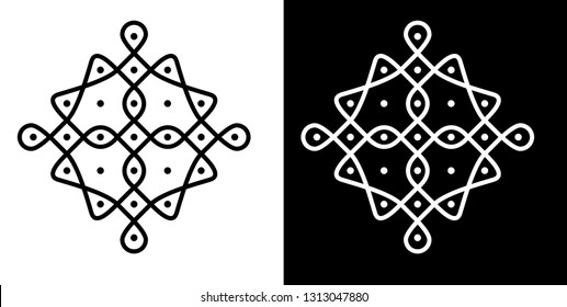 Circles, Squares, Curved Lines and Dots - Indian Traditional and Cultural Rangoli, Alpona, Kolam Vector Line art with Dark and White background