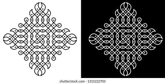 Circles, Squares, Curved Lines and Dots - Indian Traditional and Cultural Rangoli, Alpona, Kolam or Paisley Vector Line art with dark and White background