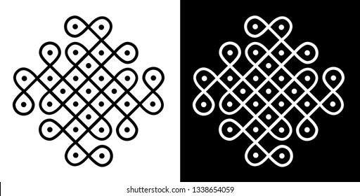 Circles, Squares, Curved Lines and dots - Indian traditional and cultural Rangoli, Alpona, Kolam or Paisley vector line art with dark and white background
