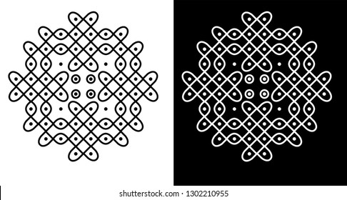 Circles, Squares and Dots - Indian Traditional and Cultural Rangoli, Alpona, Kolam or Paisley Vector Line art with Dark and White Background