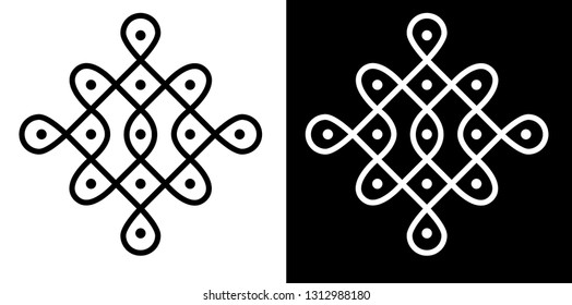 Circles, Squares and  Dots - Indian Traditional and Cultural Rangoli, Alpona, Kolam  Vector Line art with Dark and White Background