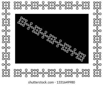 Circles, Squares and Dots - Indian Traditional and Cultural Border designs of Rangoli, Alpona, Kolam or Paisley vector line art with dark and white background