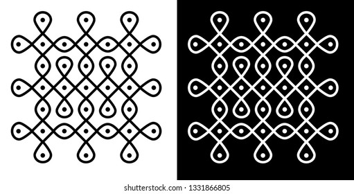 Circles, Squares and Dots - Indian Traditional and Cultural Rangoli, Alpona, Kolam or Paisley vector line art with dark and white background