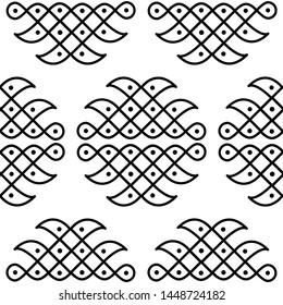 Circles, Squares, Sharp corners and Dots - Indian Traditional and Cultural Rangoli, Alpona, Kolam or Paisley vector line art is in Seamless Pattern