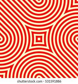 Circles and squares surface pattern design. Red figures on yellow background. Symmetric geometric motif. Repeating round and square shapes abstract. Digital paper for web design. Vector illustration