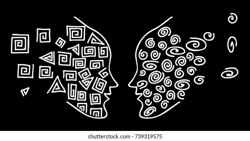 Circles and squares - two opposites. Vector illustration for banner, web, pattern, card. The black thin line man, the image of people.