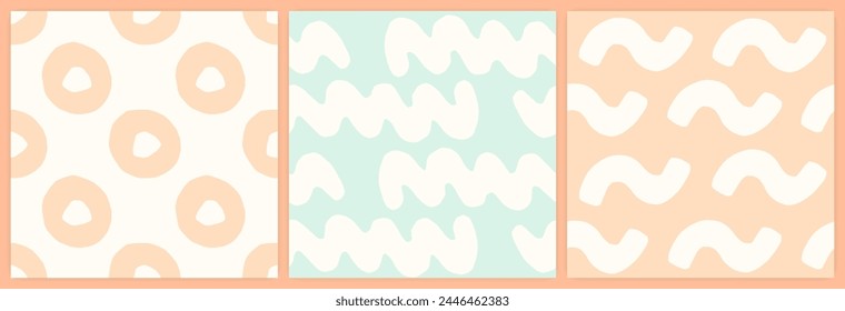 Circles, squiggles and waves abstract seamless pattern set in a pastel color palette. Abstract organic shapes minimalist muted pastel blue and peach orange background.