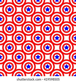 Circles and stars seamless pattern. American patriotic stars and rounds image in bright red, blue and white. Template for prints, textiles, wrapping, wallpaper, website etc. Stock vector illustration