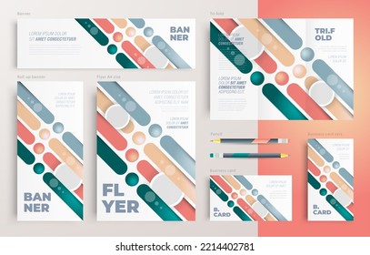 Circles and stripes theme Set flyer cover, tri-fold, banner, roll up banner, business card