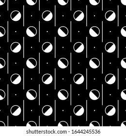 Circles, strokes, dots seamless pattern. Circle, dot shapes, lines ornament. Balls, dashes, spots print. Ethnic wallpaper. Rounds, stripes background. Geometric backdrop. Abstract motif. Vector art.