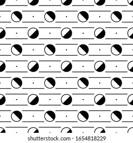Circles, strokes, dots seamless pattern. Circle, dot shapes, lines ornament. Balls, dashes, spots print. Ethnic wallpaper. Rounds, stripes background. Geometric backdrop. Abstract motif. Vector art.