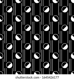 Circles, strokes seamless pattern. Circle shapes, lines ornament. Balls, dashes print. Circular, linear figures wallpaper. Rounds, stripes background. Geometric backdrop. Vector art. Abstract motif
