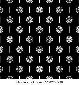 Circles, strokes seamless pattern. Dots, dashes print. Polka dot, lines ornament. Circular, linear figures wallpaper. Rounds, stripes background. Dotted, dashed backdrop. Abstract motif. Vector work