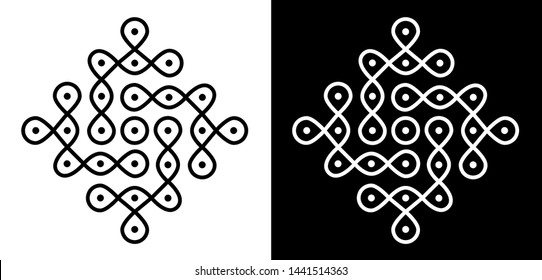 Circles surrounded by lines and dots - Indian Traditional and Cultural Rangoli, Alpona, Kolam or Paisley vector line art with dark and white background