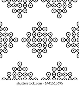 Circles surrounded by lines and dots - Indian Traditional and Cultural Rangoli, Alpona, Kolam or Paisley vector line art is in Seamless Pattern