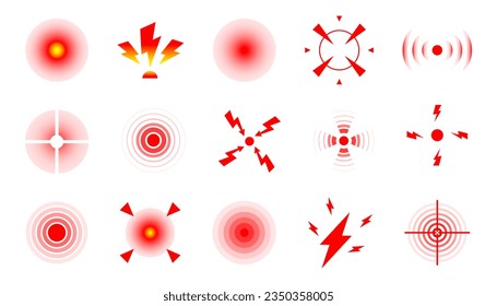 Circles symbols of pain. Red circles for marking human pain. Head toothache muscular menstrual joint pain, hurt body part marker. Pain localization mark. Health problem, injury on human body