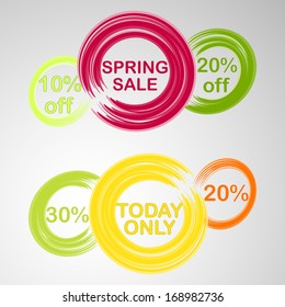 circles with text and discounts painted with brush colored for spring