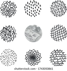 Circles texture, abstract vector illustration.Set of round texture brushes. Collection of paint brushes hand drawn