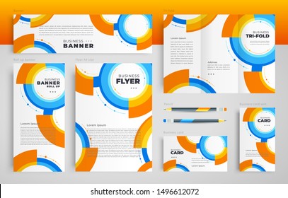 Circles theme blue and orange color set flyer cover, tri-fold, banner, roll up banner, business card