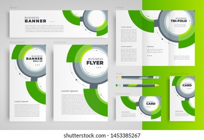 Circles theme green color set flyer cover, tri-fold, banner, roll up banner, business card