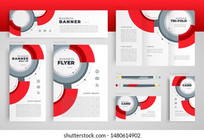 Circles theme red color set flyer cover, tri-fold, banner, roll up banner, business card