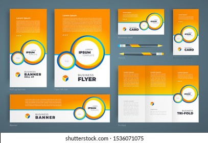 Circles theme Set design template flyer cover, tri-fold, banner, roll up banner, business card