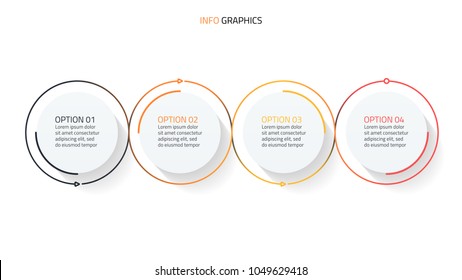 Círculos design de infográficos de linha fina com processos de seta. Conceito de negócio com 4 passos, opções.