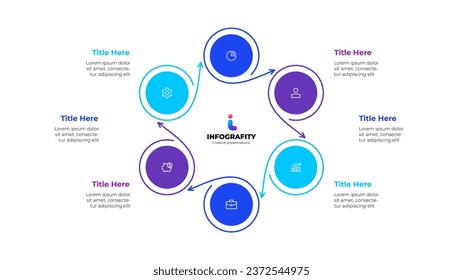 Circles with thin lines. Template for cycle diagram with 6 options, parts, steps or processes