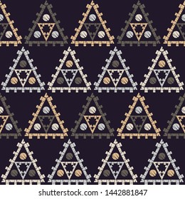 Circles in triangles. Polka dot. Ethnic boho seamless pattern. Lace. Embroidery on fabric. Patchwork texture. Traditional ornament. Tribal pattern. Folk motif. Can be used for wallpaper, textile.