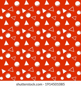 Circles and triangles are white, cheerful on a red background. Seamless vector pattern for textiles, surface packaging.