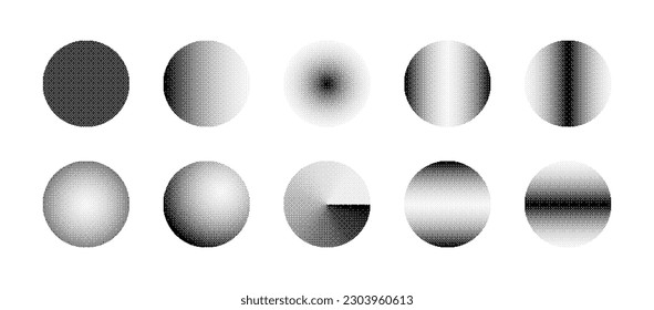 Circles With Various Bitmap Dither Gradient Vector Set Isolated On White Background. Round Shapes With Different Retro 8 Bit Graphic Art Style Textures Design Elements Collection. Black Noise Halftone