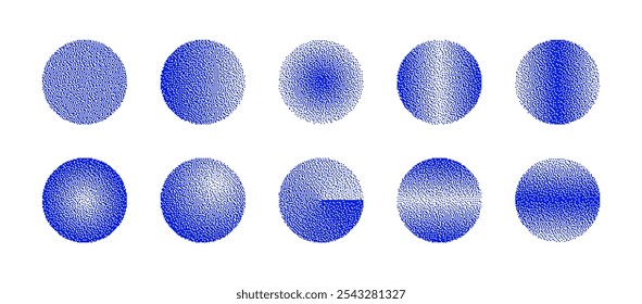 Circles With Various Blue Bitmap Dither Gradient Vector Set Isolate on White Background. Retro Styled Technology 8 Bit Pixel Art Round Shapes with Different Textures. Design Elements Isolated Objects