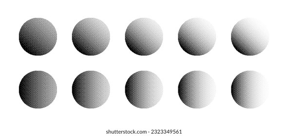 Circles With Various Density of Bitmap Dither Gradient Vector Set Isolated On White Background. Round Shapes With Retro 8 Bit Pixel Graphic Art Style Miscellaneous Textures Design Elements Collection