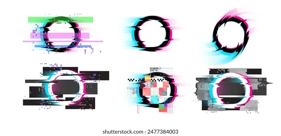 Circles with various glitch and digital noise effects vector illustrations set. Round frames with neon pixel light bug borders. Abstract distorted glitch style rings of broken dynamic signal