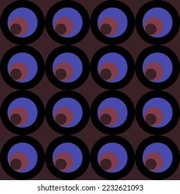 Circles in various sizes and colors. Black and violet geometric design, dark and decorative circles, seamless repeatable vector pattern.