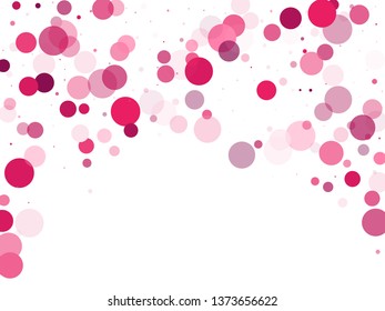 circles vector background pattern. Party decoration. Pink magenta round elements scatter flying. Circle shapes bokeh illustration. Vibrant colorful round shapes falling on white.