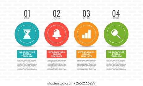Plantilla de infografía de Vector de círculos con íconos de negocios. Diseño de infografía Horizontal de cuatro pasos para diapositivas de presentación