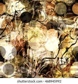 Circles, wavy lines, curved strips. Artistic brown background. Abstract seamless vector pattern.