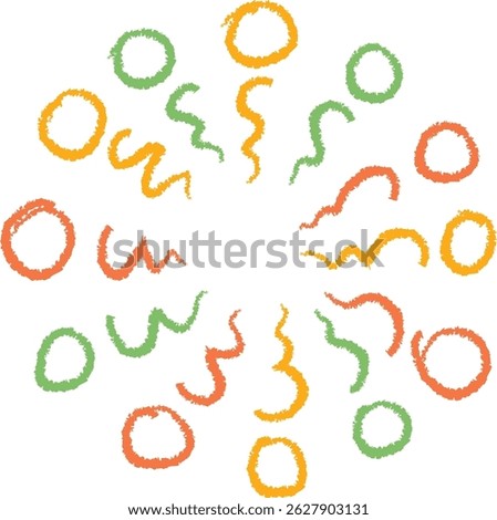 Circles and wavy lines are drawn with a crayon-like texture.  The image shows childlike drawings of round shapes and squiggles forming a pattern. Cartoon vector illustration