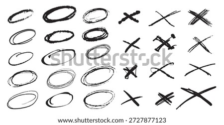 Circles and X marks for your notes. Collection of grunge hand drawn elements for checkboxes or lists. validation symbols