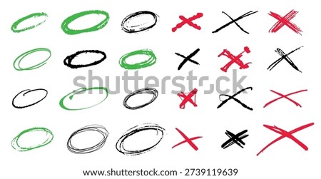 Circles and X marks for your notes. Collection of grunge hand drawn elements for checkboxes or lists. validation symbols