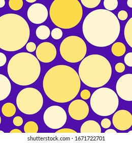 circles of yellow shades of different sizes are randomly located on a purple background. geometric seamless pattern. vector
