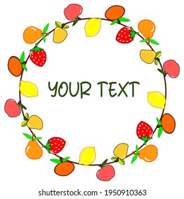 Marco en forma de círculo de frutos de color, como manzana, fresa, pera, mango y limón. El texto se coloca en un fondo blanco
