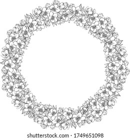 Circlet of cherry flower. Blooming Sakura. Hand drawn monochrome round frame. Vintage floral vector illustration for invitations, flyers, postcards, greeting cards or banner. Hanami festival.