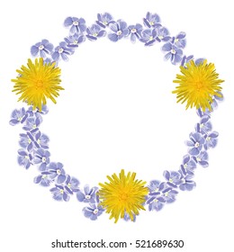 Circlet of forget me not and dandelion flowers. Vector frame. Put your text here